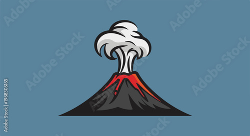 A stylized volcano erupting with red lava and white smoke