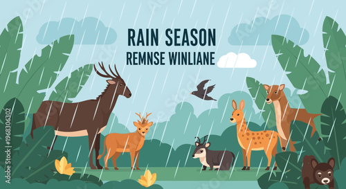 Diverse group of wild animals in a rainy forest environment.