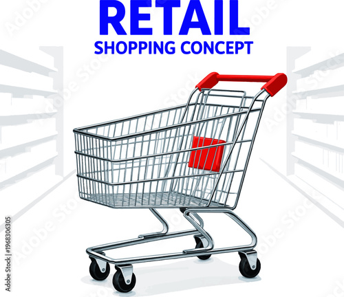 Create a realistic Empty shopping cart in supermarket store interior - retail and shopping concept vector art with white background..