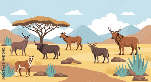 Diverse Herd of African Antelopes Grazing in Savannah Landscape.