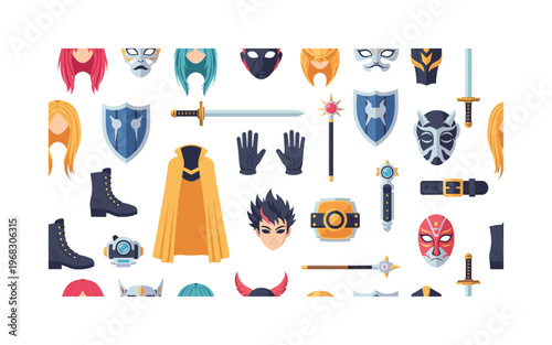 anime cosplay motifs seamless pattern, repeating pattern, surface design, textile print, modern illustration of wigs, swords, shields, masks, gloves, boots,