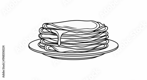 A stack of thin pancakes with syrup dripping down