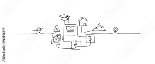 Achievement Vision Board. Minimalistic one-line drawing corkboard with small images, notes, and goal symbols, continuous single black line on white background,