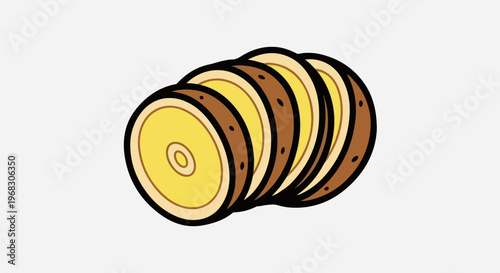 A stack of cartoonish potato slices with brown skin and yellow insides