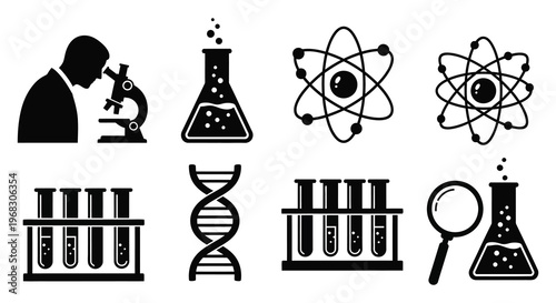 Scientific research icons including a scientist and atomic structure silhouette