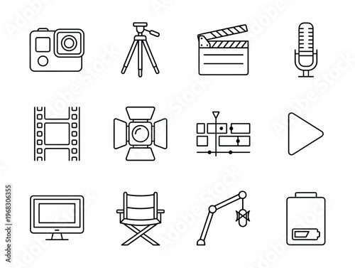 Collection of line art icons representing filmmaking and video production equipment