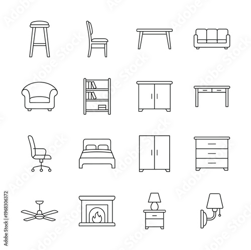 Collection of simple line art icons representing various furniture pieces for home and office
