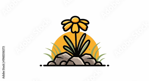 A single yellow flower blooms in front of an orange sun and grass