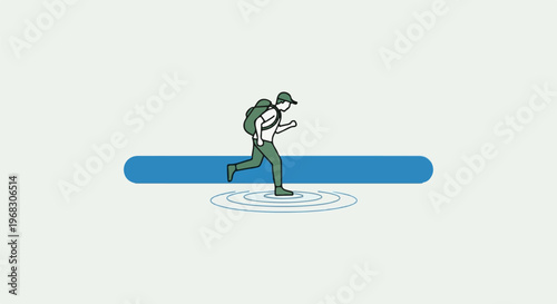 A person with a backpack running across a body of water