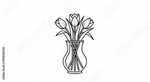 A minimalist line drawing of three tulips in a vase