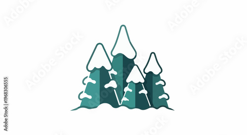 A minimalist graphic of snow-covered evergreen trees in a forest