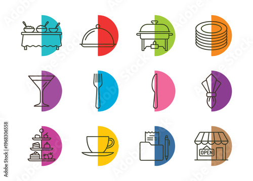 Collection of modern line art icons representing catering and restaurant services
