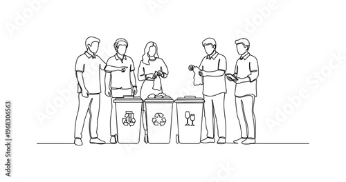 Recycling Education. Minimalistic one-line drawing people learning to separate waste into recycling bins, continuous single black line on white background,