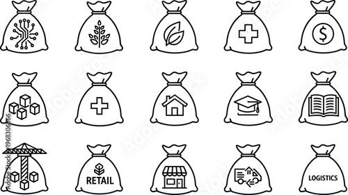 Business and Industry Icons Set Featuring Sacks with Various Symbols for Healthcare, Retail, Logistics, and More