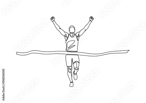 Triumphant Athlete. Minimalistic one-line drawing runner or competitor raising arms after crossing finish line, continuous single black line on white