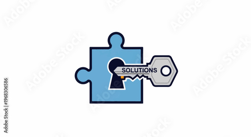 A light blue puzzle piece with a keyhole is shown with a key in it, labeled "SOLUTIONS