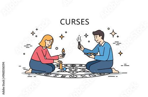 Curses dark ritual circle scene where glowing symbols form a pattern on the floor while small sparkle and star icons emphasize magical intent, mystery, and