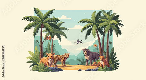Four dogs in a tropical jungle setting.