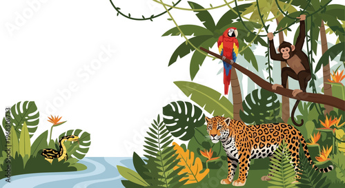 Jaguar Monkey Parrot Jungle Wildlife Scene.