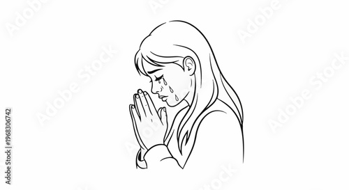 A black and white line drawing of a woman praying with tears streaming down her face