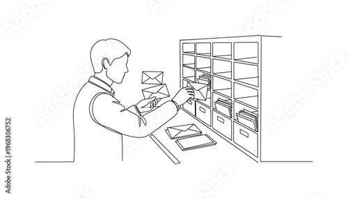 Mail Station. Minimalistic one-line drawing person sorting letters into assigned slots or cubbies, continuous single black line on white background, simple