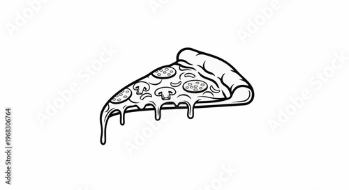 A black and white illustration of a slice of pizza with dripping cheese