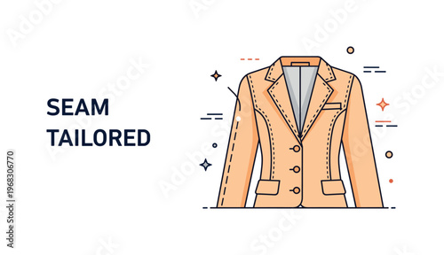 Seam tailored jacket concept where the seam line on a sleeve is highlighted while tiny sparkle and line icons emphasize professional tailoring, style, and