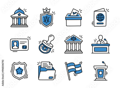Collection of government and legal icons representing justice, voting, and official documents