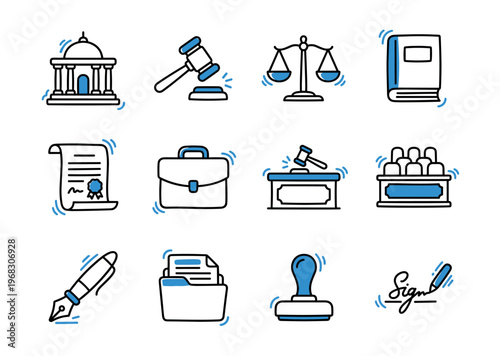 Collection of legal and justice icons representing court, law, and documents