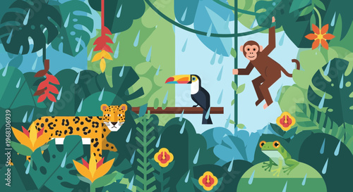 Jungle animals in a vibrant rainforest scene.