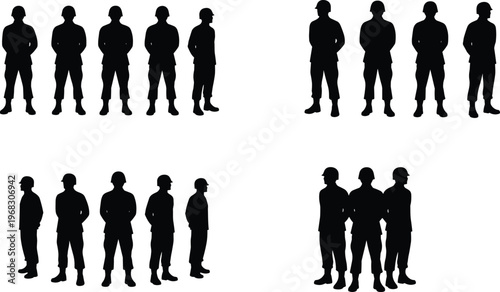 Group formation, helmeted silhouettes, tactical arrangement, spatial orientation, visual symmetry, military posture, cad drawing flat vector illustration