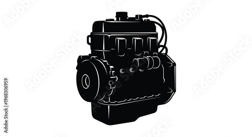 Detailed engine illustration with a striking black silhouette