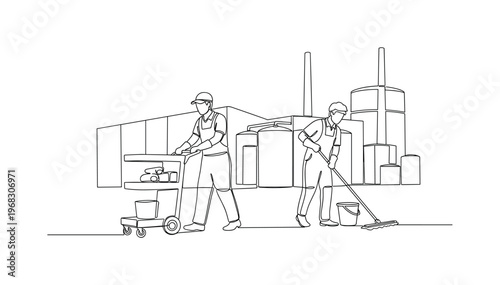 Cleaning Operations. Minimalistic one-line drawing industrial cleaners with mop and cart cleaning factory area, continuous single black line on white