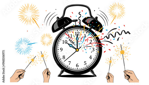 A colorful alarm clock illustration with hands holding sparklers and fireworks