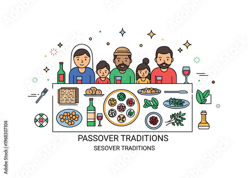 Passover traditions seder ritual overview concept where key elements like wine, matzah, and blessings are arranged on a table while tiny sparkle and star icons