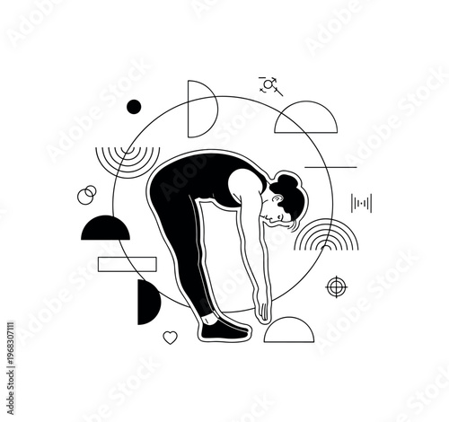 hamstring stretch geometric rings semicircles and thin line icons realistic black and white person bending forward touching toes for hamstring stretch with