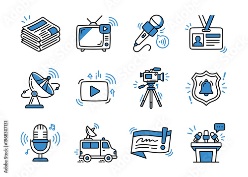 Collection of media and broadcasting icons representing news and communication