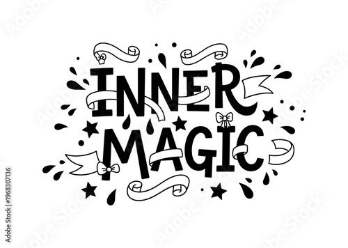 Inner Magic. lettering and all elements in black. Vector style. AWhite background. Pure white background. Perfect isolation and visual consistency. Funky
