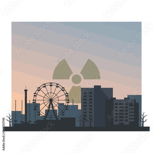 Illustration of a post-apocalyptic Chernobyl disaster remembrance scene with a radiation warning symbol, abandoned Pripyat cityscape, and a nuclear meltdown concept in a haunting,