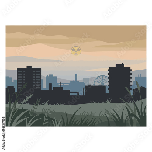 Vector illustration of a post-apocalyptic cityscape with a radiation warning symbol, depicting the abandoned Pripyat city and Chernobyl disaster remembrance, set against a hazy,