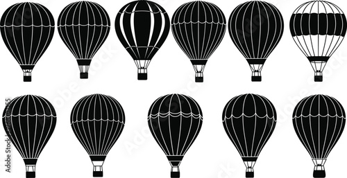 Black Hot Air Balloon Silhouette Set with Various Striped Patterns and Baskets for Travel Adventure Festivals Freedom and Aviation Design Isolated on White Background