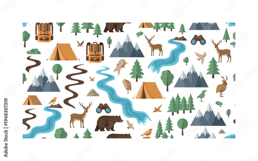 Fototapeta premium eco-travel motifs seamless pattern, repeating pattern, surface design, textile print, modern illustration of tents, backpacks, hiking trails, mountains,