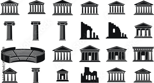 Black Silhouette Vector Icon Set of Ancient Greek and Roman Architecture Featuring Parthenon Temples Ionic Columns Amphitheater and Antique Ruins for History and Travel Design