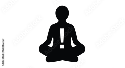 A silhouetted figure is depicted in a meditative pose with an exclamation point cutout high quality