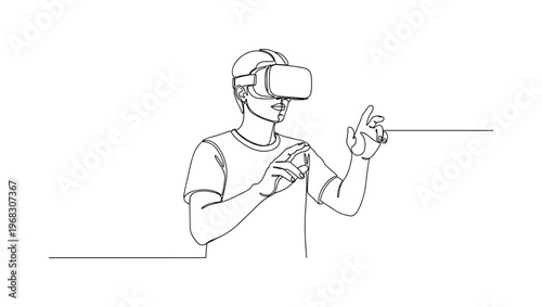 VR User. Minimalistic one-line drawing person experiencing virtual simulation with headset and hand gestures, continuous single black line on white background,