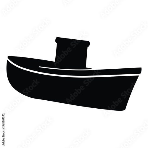 A simple black silhouette of a boat with cabin shape