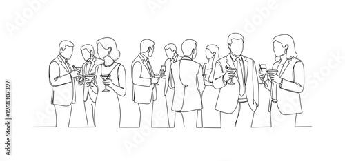 Evening Reception. Minimalistic one-line drawing guests mingling with cocktails in hand, continuous single black line on white background, simple outline