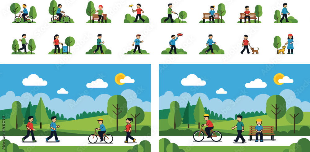 Fototapeta premium People Outdoor Park Activities Illustration Set with Walking, Cycling, Dog Walking and Relaxing Scenes in Nature Flat Vector Collection