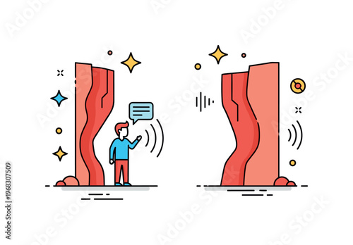 Echo speech repetition scene where a person talks into a canyon and hears the echo return while small sparkle and star icons emphasize reflection, resonance,