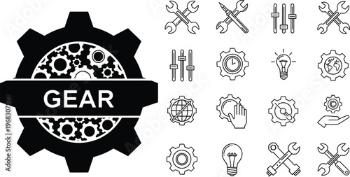 Comprehensive Black and White Gear Icon Set Featuring Technical Support Symbols, Industrial Engineering Concepts, Mechanical Tools, Innovation Lightbulbs, and Global Settings for Professional Graphic 